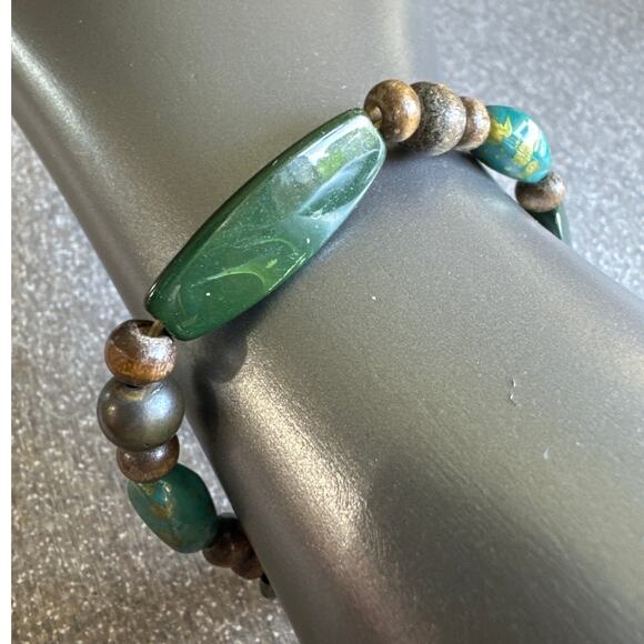Wooden Bead Stretch Bracelet, Green, Blues, and Browns - Picture 1 of 3